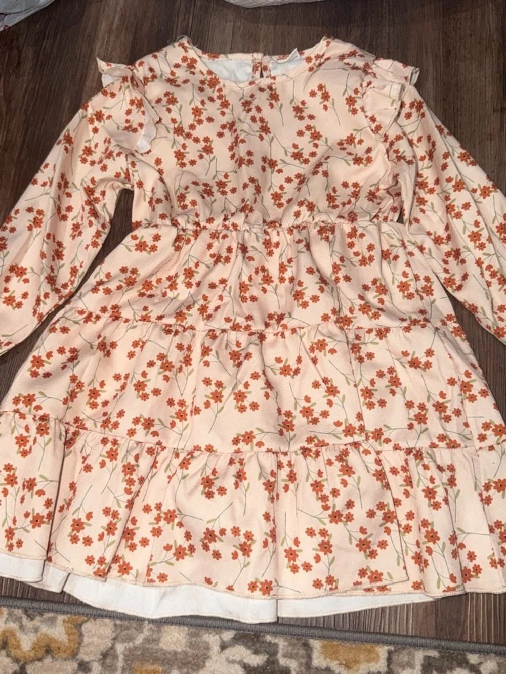 Girls' Cream Floral Tiered Dress with Orange Flower Print
